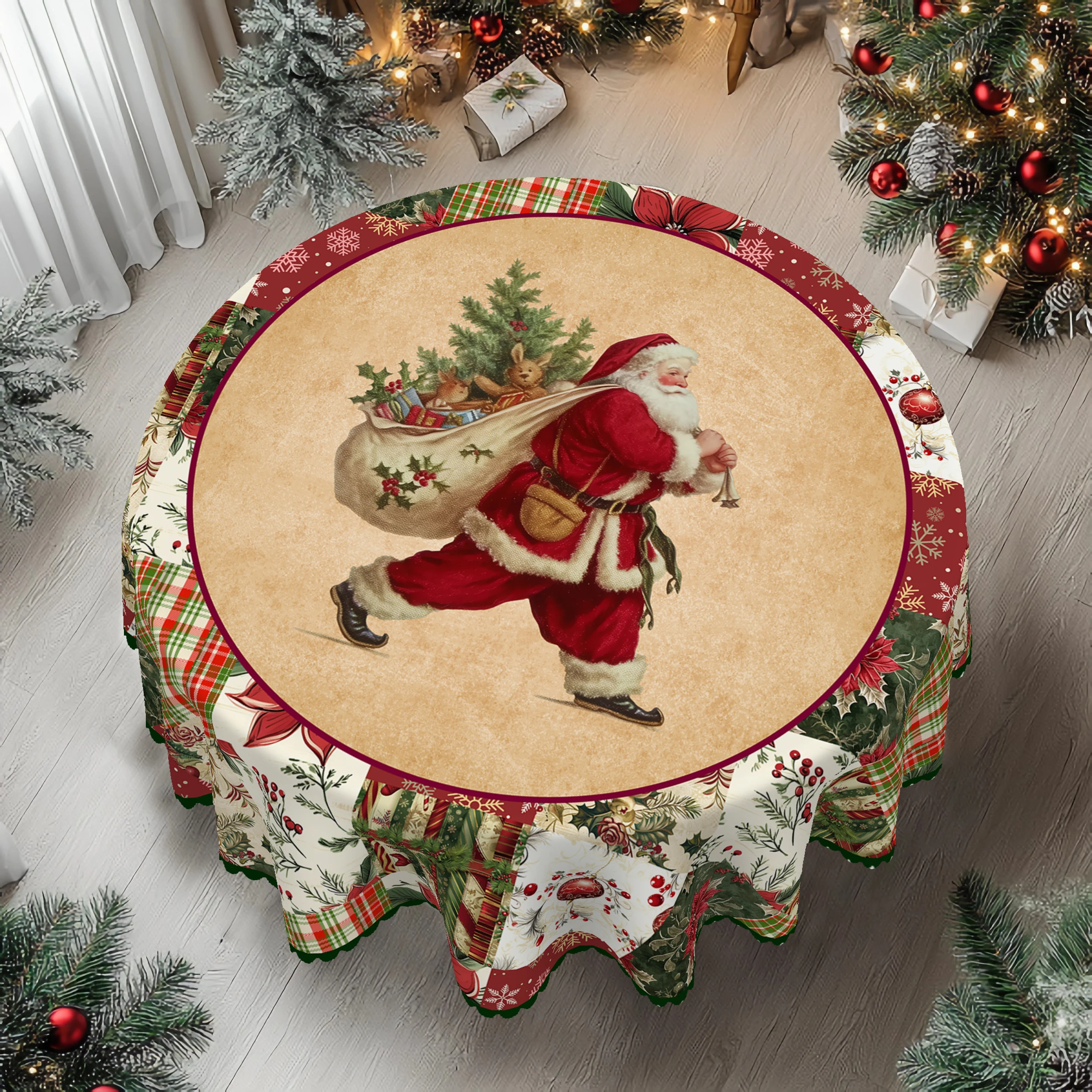 1, runde und rechteckige Tischdecke mit Weihnachtsmotiv, verschiedene Größen, bedruckte Tischdecke mit antikem Weihnachtsmann-Muster, Weihnachtsgarten-Tischdecke-Dekoration, Tischdecke für die Image
