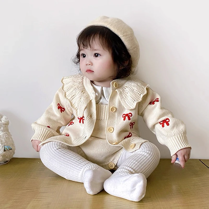 Herbst Strickjacke Vielseitig Mädchen Baby Gestickte Schleife Pullover Lotus Blatt Kragen Gestrickte Reine Baumwolle Baby Mädchen Strickjacke Mantel Image
