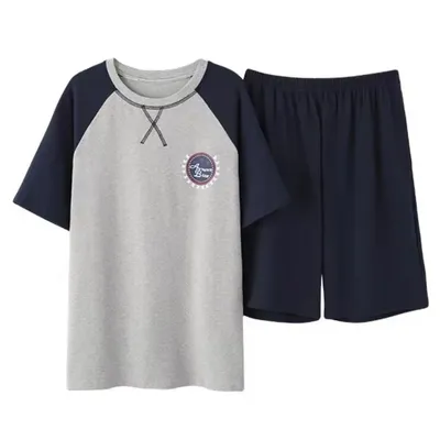 Männer Pyjama Set Baumwolle Kurzarm Shorts Casual Gestreiften Nachtwäsche Loungewear Zwei-Stück Set Plus Größe Sommer Mann Nachtwäsche Image