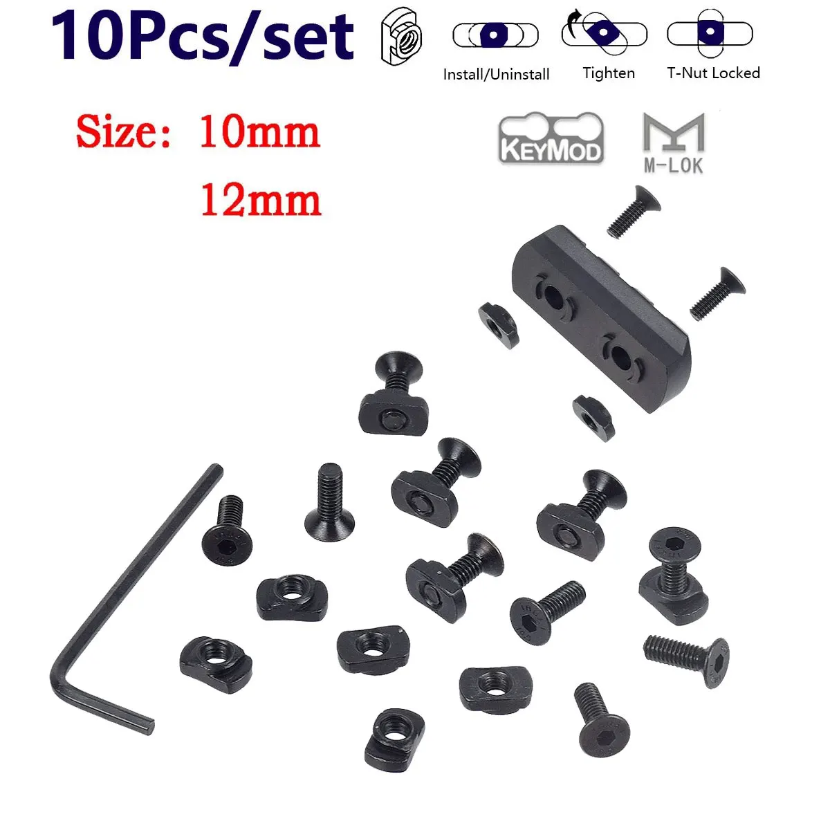 10 Stücke M4 10mm 12mm Gewinde M-LOK Schraube Und Mutter Schienen T-Mutter Schrauben Set für MLOK Handschutz Schienen Abschnitte Jagd Zubehör Image