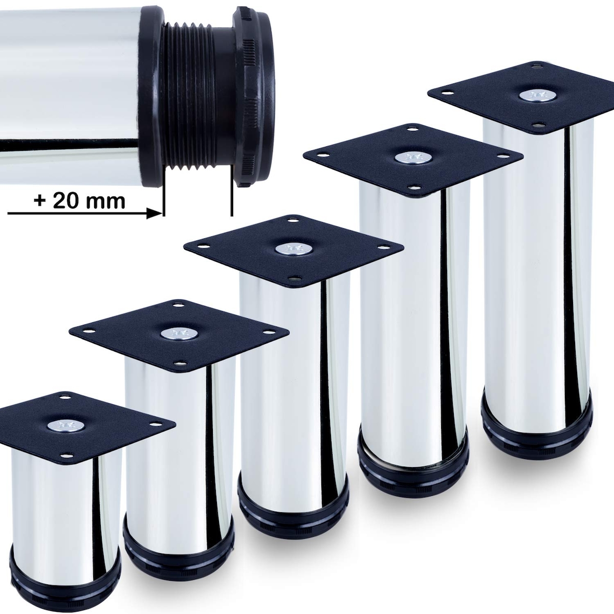 ID Dinkel Möbelfuße verstellbar 50mm Sofafuß Küchenfuß Sockelfüße Bettfüße Bein Hochglanz-Chrom 120 Image