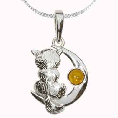 Kette mit Anhänger OSTSEE-SCHMUCK "Ostsee-Schmuck Kette mit Anhänger Katze und Mond" Gr. 45, silber (silberfarben), Halsketten, Damen, 45cm, Silber 925 (Sterlingsilber), L: 42cm Image