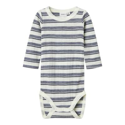 Langarmbody NAME IT "NBMWANG WOOL NEEDLE LS BODY NOOS", Baby, Gr. 80, N-Gr, folkstone gray stripes:snow weiß, Strick, Rippware, Obermaterial: 100% Wolle, gestreift, casual, Basic, Rundhals, Langarm abgesteppte Kante, Bodies, aus reiner Merinowolle Image