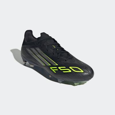 Fußballschuh ADIDAS PERFORMANCE "F50 PRO FIRM GROUND BOOTS", Gr. 42, schwarz (core schwarz, iron metallic, lucid lemon), Synthetik, Textil, sportlich, Schuhe, geeignet für Rasenplätze Image