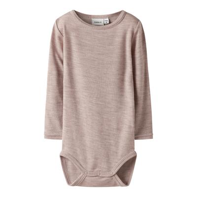 Langarmbody NAME IT "NBNWAX WOOL RIB LS BODY NOOS", Baby, Gr. 68, N-Gr, grau (shadow gray), Rippstrick, Obermaterial: 100% Wolle, unifarben, casual, Rundhals, Langarm, Bodies, aus reiner Merinowolle Image