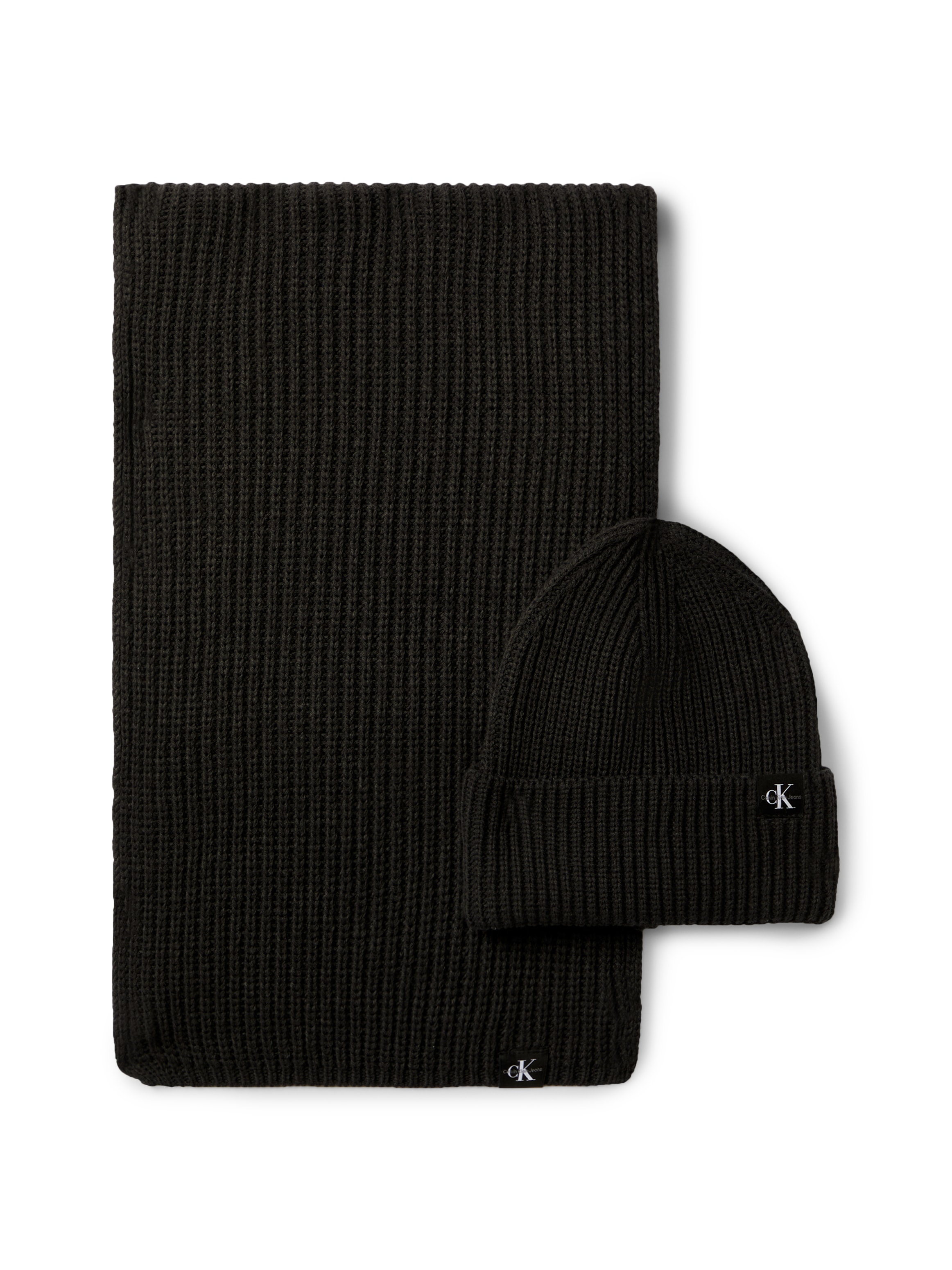 Strickmütze CALVIN KLEIN JEANS "Monogram Rib Scarf Beanie Set", Baby, Gr. L/XL, schwarz (ck schwarz), Obermaterial: 100% Polyacryl, Mützen, mit Logopatch Image