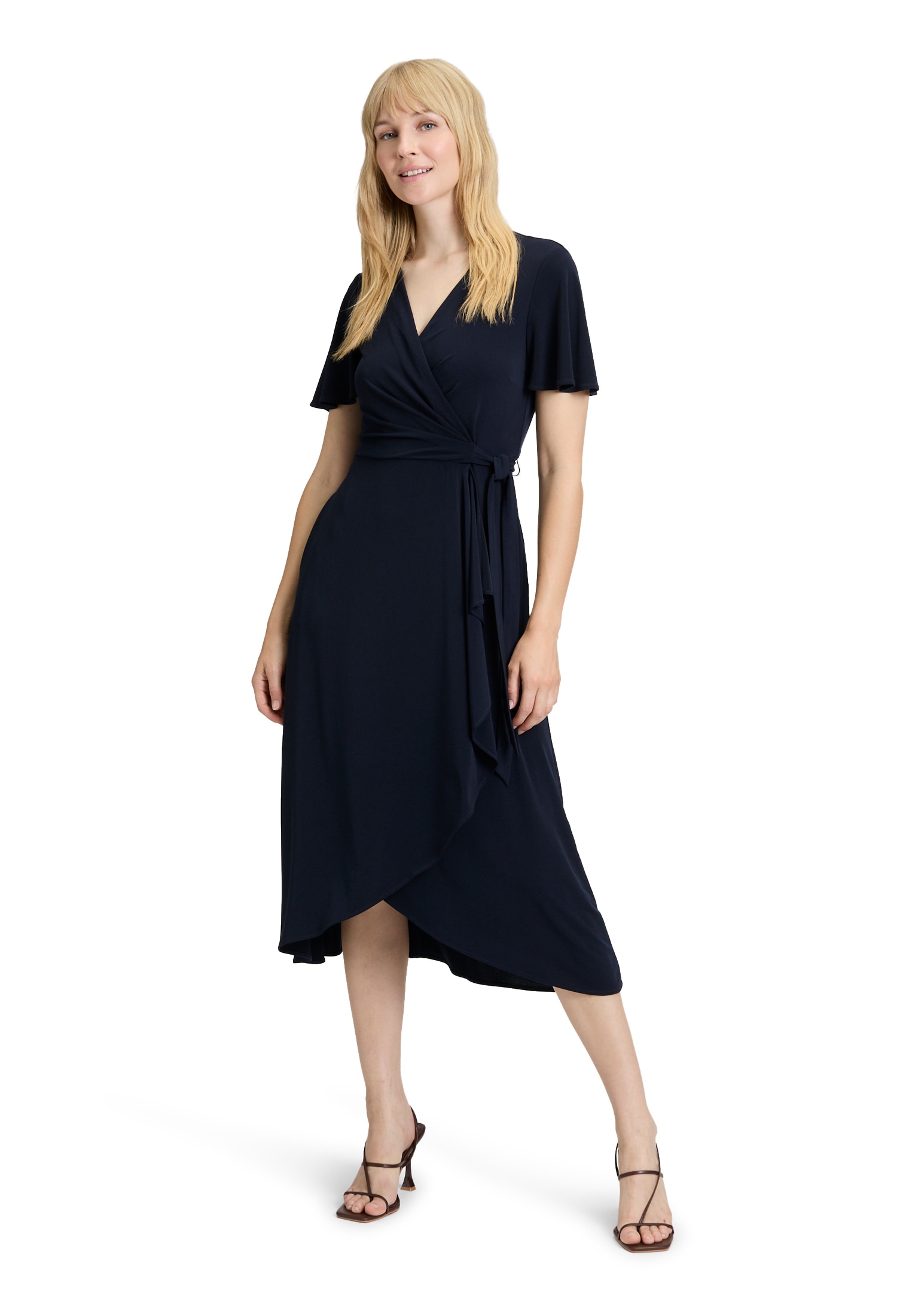 Jerseykleid VERA MONT "Damen Jerseykleid kurzarm", Damen, Gr. 42, Normalgrößen, blau (night sky), Jersey, Obermaterial: 95% Polyester, 5% Elasthan. Futter: 100% Polyester., tailliert lang, V-Ausschnitt, Kleider Image