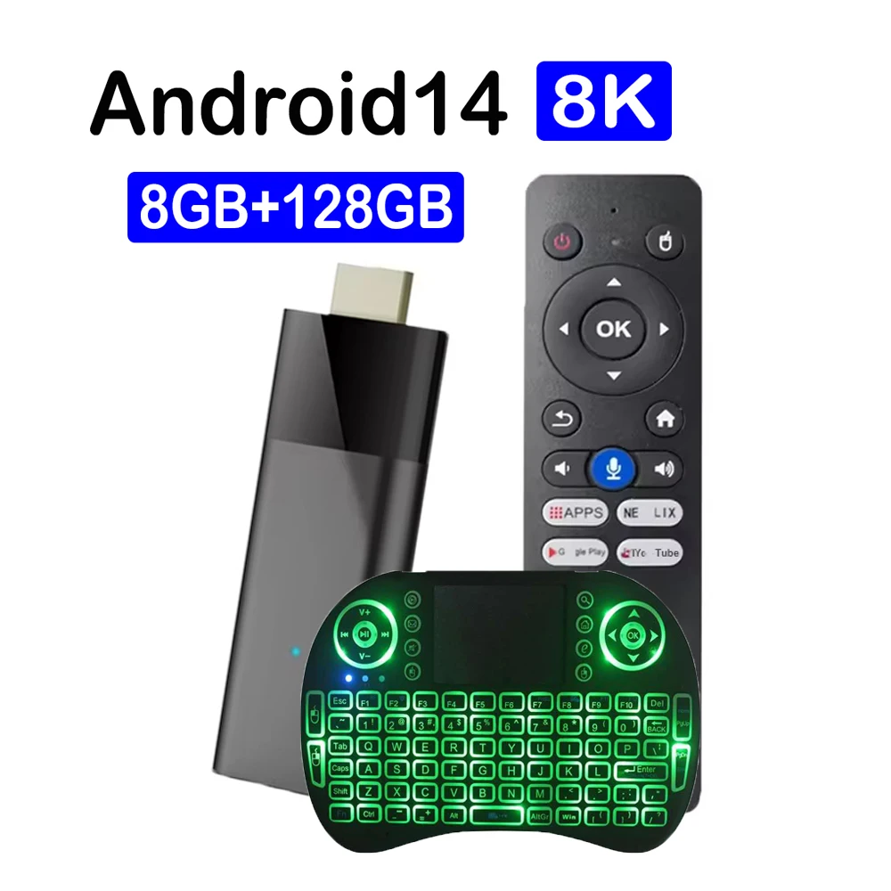 Neuer Android14 Mini TV Stick Q12 Android 14 Allwinner H313 8K Video 4K Dual Wifi 5G 128GB Media Player Sprachfernbedienung Smart TV Box Image