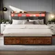 Lit en métal Fangange avec espace de rangement à 4 tiroirs et tête de lit LED, cadre de lit pleine grandeur, cadre de lit double rembourré, sans matelas