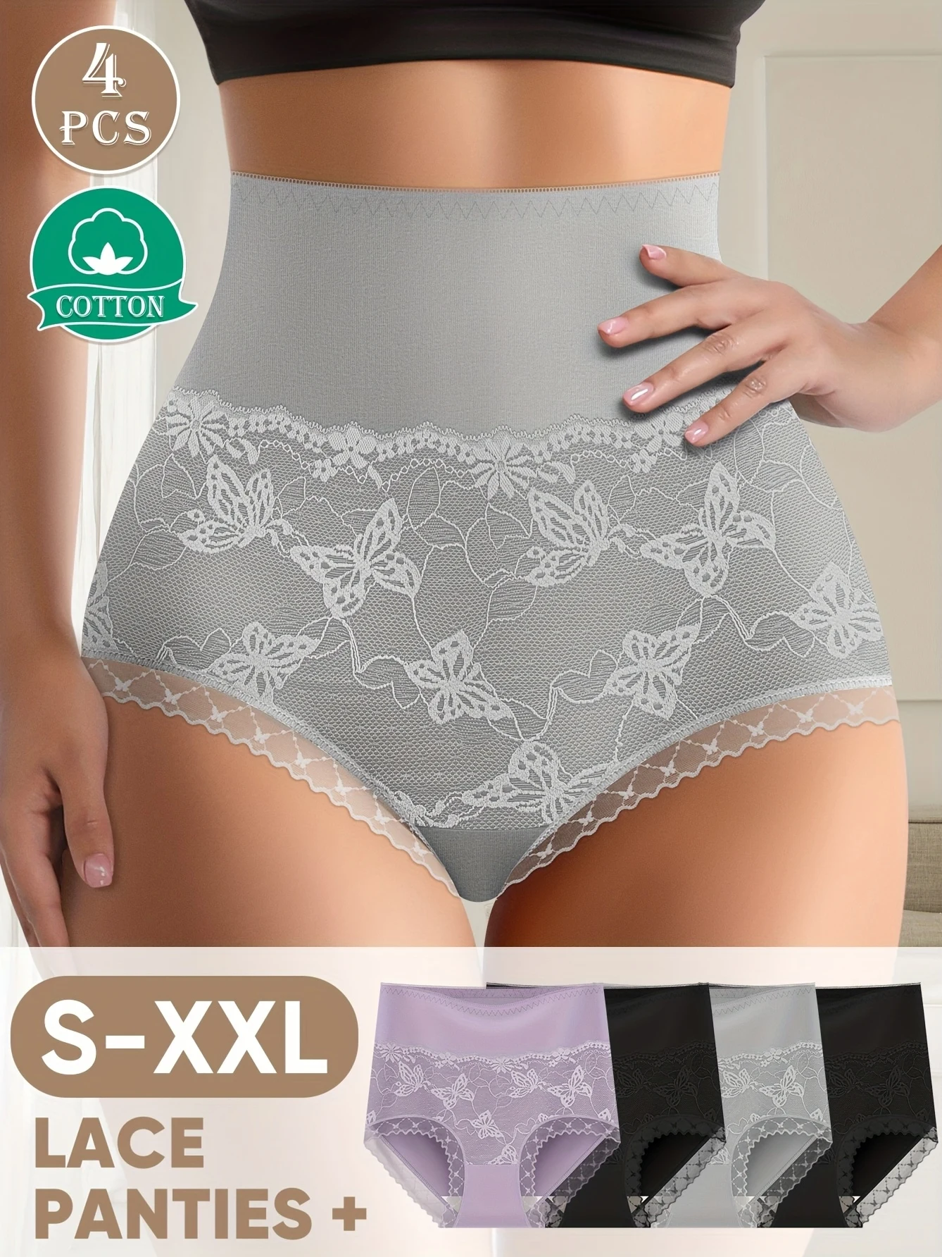 4-teiliges Damenhöschen mit hoher Taille und Bauchkontrolle, Tanga mit Strumpfband und Po-Lifting Image