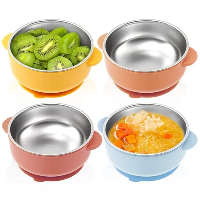 4 Pcs 304 Stainless Steel Baby Bowls with Removable Silicone Sleeve Non Slip Toddler Suction Bowls Snack Containers for Toddlers