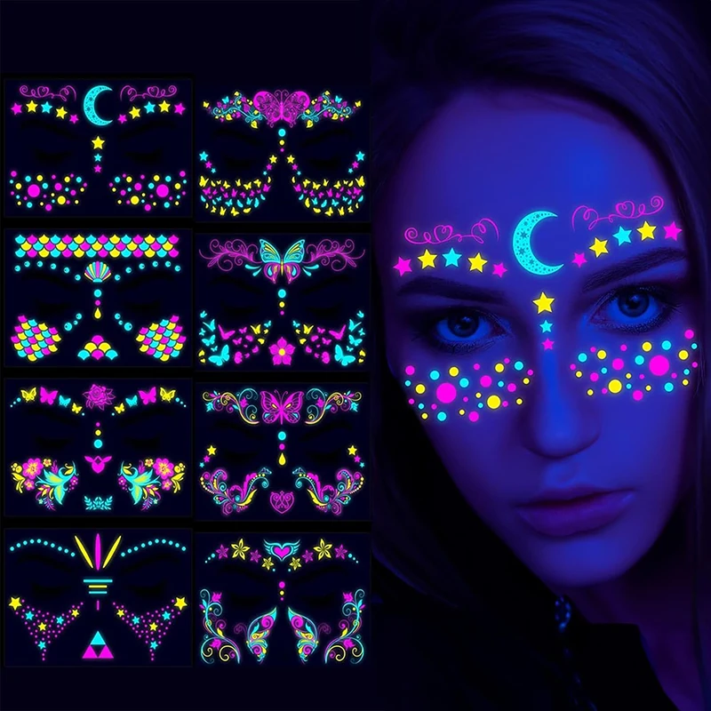 8 teil/satz fluor zierende wasserdichte temporäre Tattoo Aufkleber Party Nachtclub Neon Gesicht Aufkleber Bar wasserdichte UV glühende Tätowierung Image