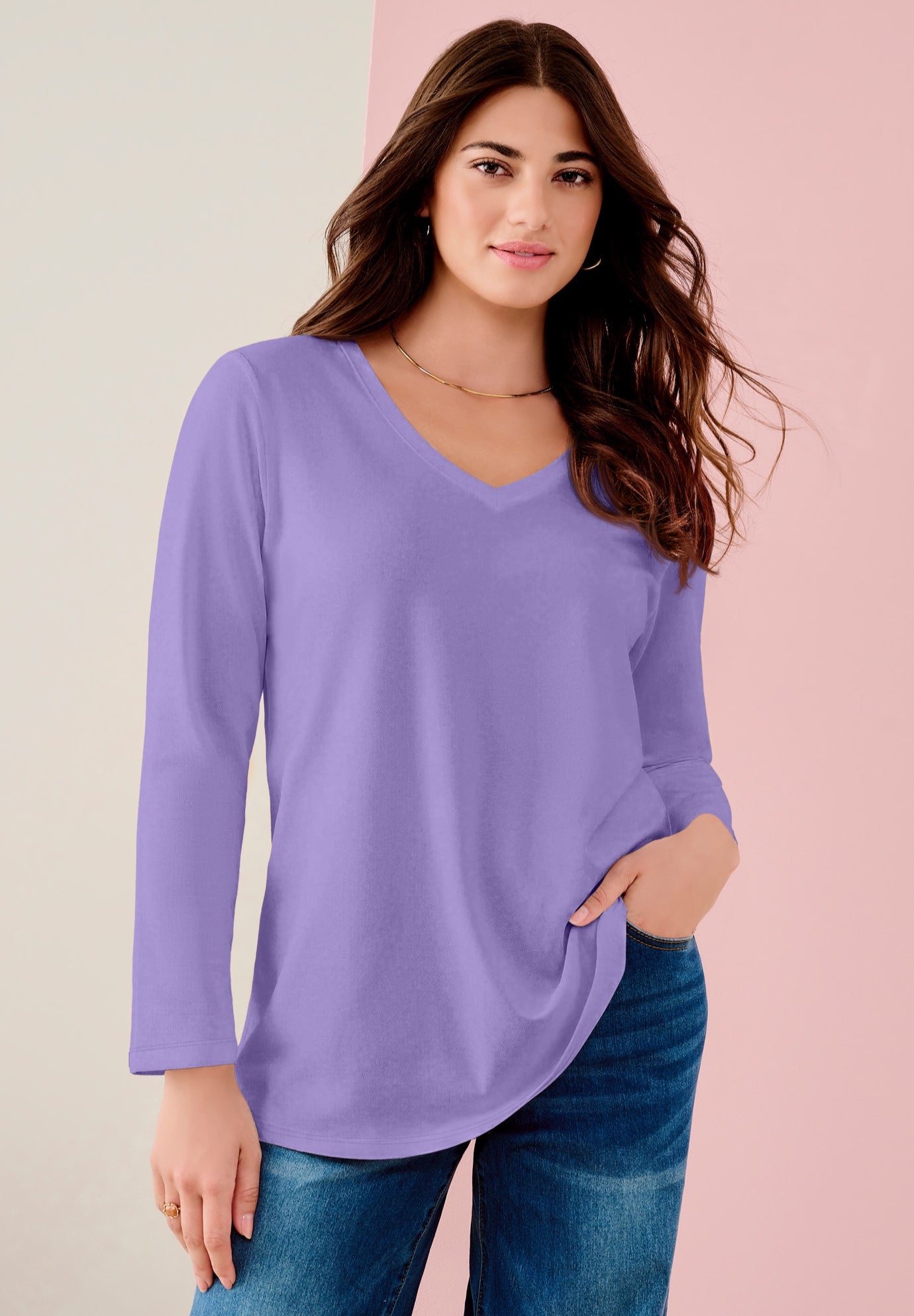 Plus Size Women's Ultimate Long Sleeve V Neck Tee by Roaman's in Vintage Lavender (Size 12) Shirt