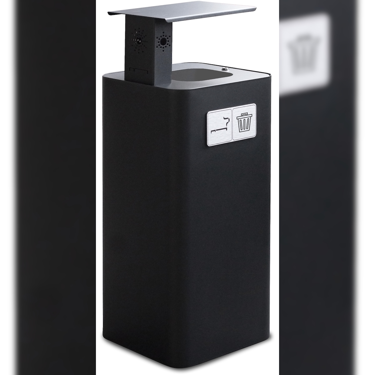 Stil Casa Abfallbehälter mit Aschenbecher, lackierter Stahl, 38x38xh. 102 cm, obere Abdeckung, Piktogramm aus Aluminium, 100 Liter, schwarz.