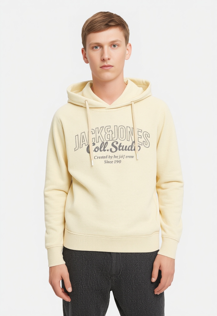 Kapuzensweatshirt JACK & JONES JUNIOR "JJMAKOTO SWEAT HOOD JNR", Jungen, Gr. 128, weiß (antique weiß print:big print), angeraute Sweatware, Obermaterial: 60% Baumwolle, 40% Polyester, bedruckt, regular fit, Rippbündchen, Sweatshirts