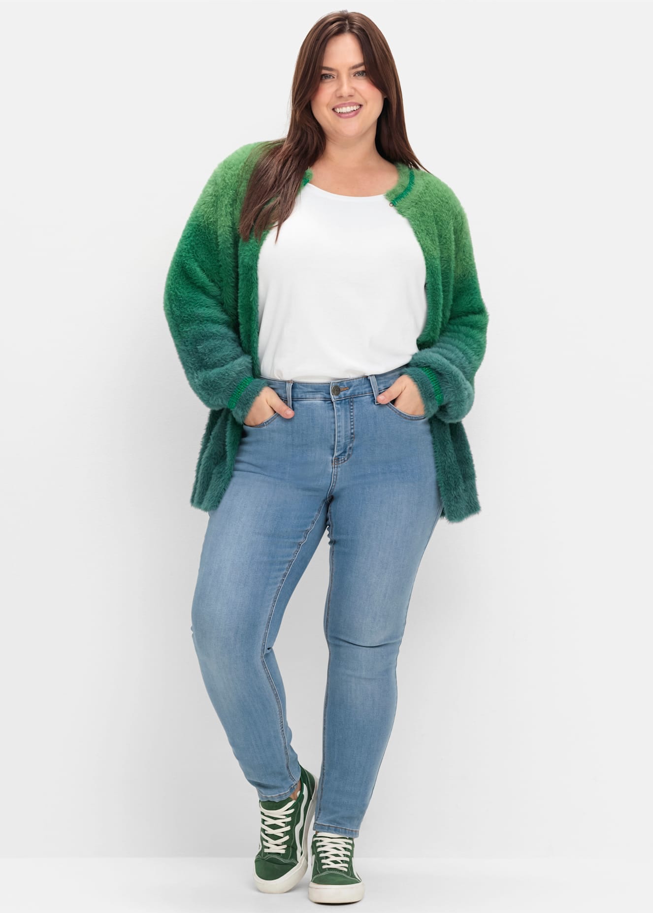 Strickjacke SHEEGO BY JOE BROWNS, Damen, Gr. 56/58, grün (grün, blau), 97% Polyamid, 3% metallisierte Fasern, bedruckt, gemustert, mehrfarbig, Strickjacken Strickjacke