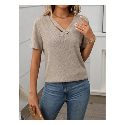 Damen Ripp-V-Ausschnitt T-Shirt mit kurzem Ärmeln Image