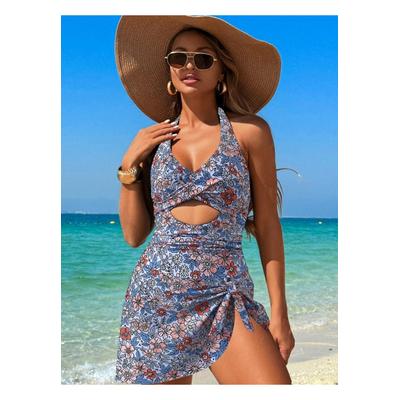 Damen Cutout Gemusterter Halsband Einteiler Badeanzug Image