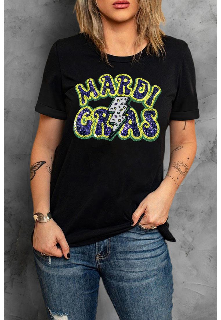Schwarzes MARDI GRAS Blitz Grafik Kurzarmshirt Image