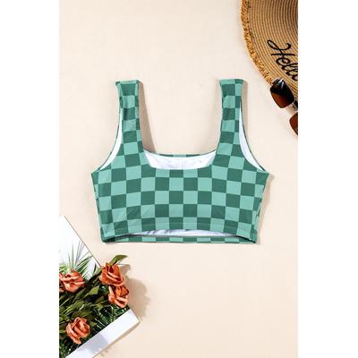 Grüner Kariert Druck Quadrat-Ausschnitt Crop-Schwimtop Image