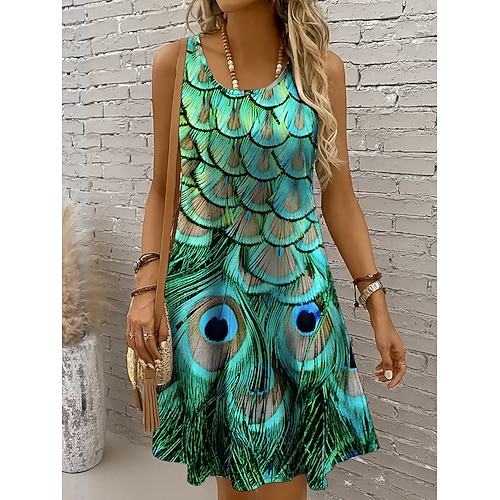 Per donna Mini Abito Vestito Estivo Abito a trapezio Abito a spalle scoperte Vacanza Casual Boho Ferie Spiaggia Vestibilità regolare Grafico Animale Senza Maniche Girocollo Giallo Rosso Blu Viola