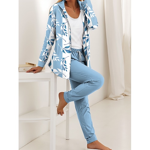 Completi da donna 2 pezzi con felpa e pantaloni set a maniche lunghe cappuccio quotidiano stampa grafica floreale con foglie cerniera casual blu viola verde autunno vestibilità regolare