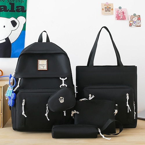 Set di zaini 5 in 1 in tinta unita per ragazze: elegante borsa scolastica blu con borsa tote, tracolla, astuccio e pochette per studenti adolescenti e per l'uso nel campus