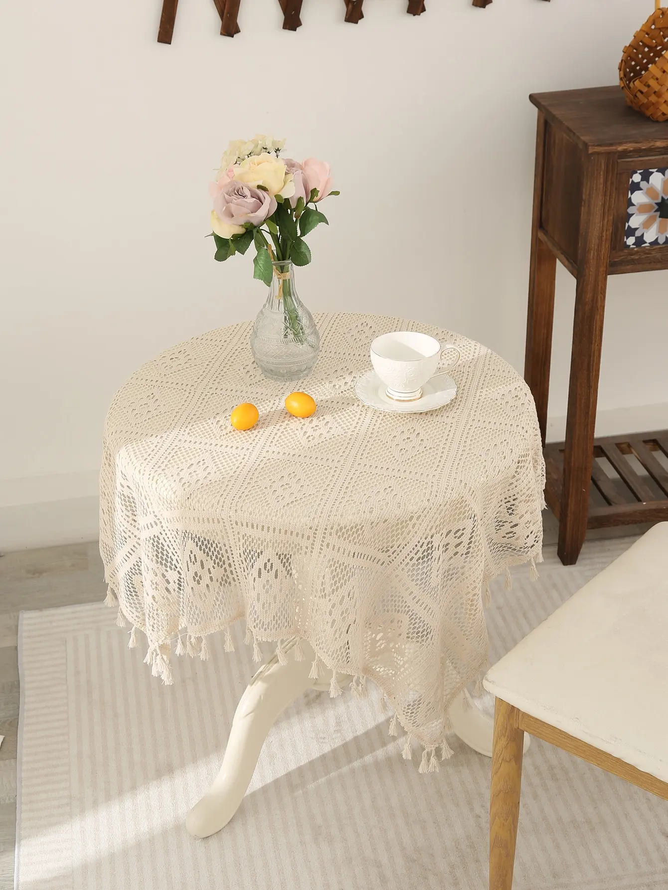 Beige gehäkelte karierte Tischdecke mit Retro-Stil, Wohnzimmer Couch tisch Tischdecke Image