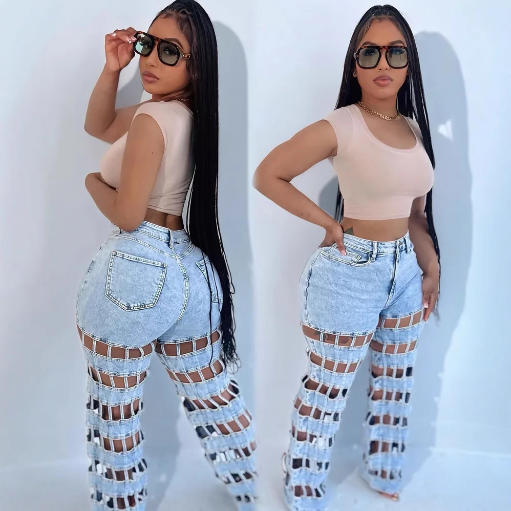 Pantaloni in denim Jeans da donna Pantaloni lunghi Scava fuori Pantaloni da mamma dritti a vita alta Y2k Streetwear Elegante foro di giunzione Lavoro casual