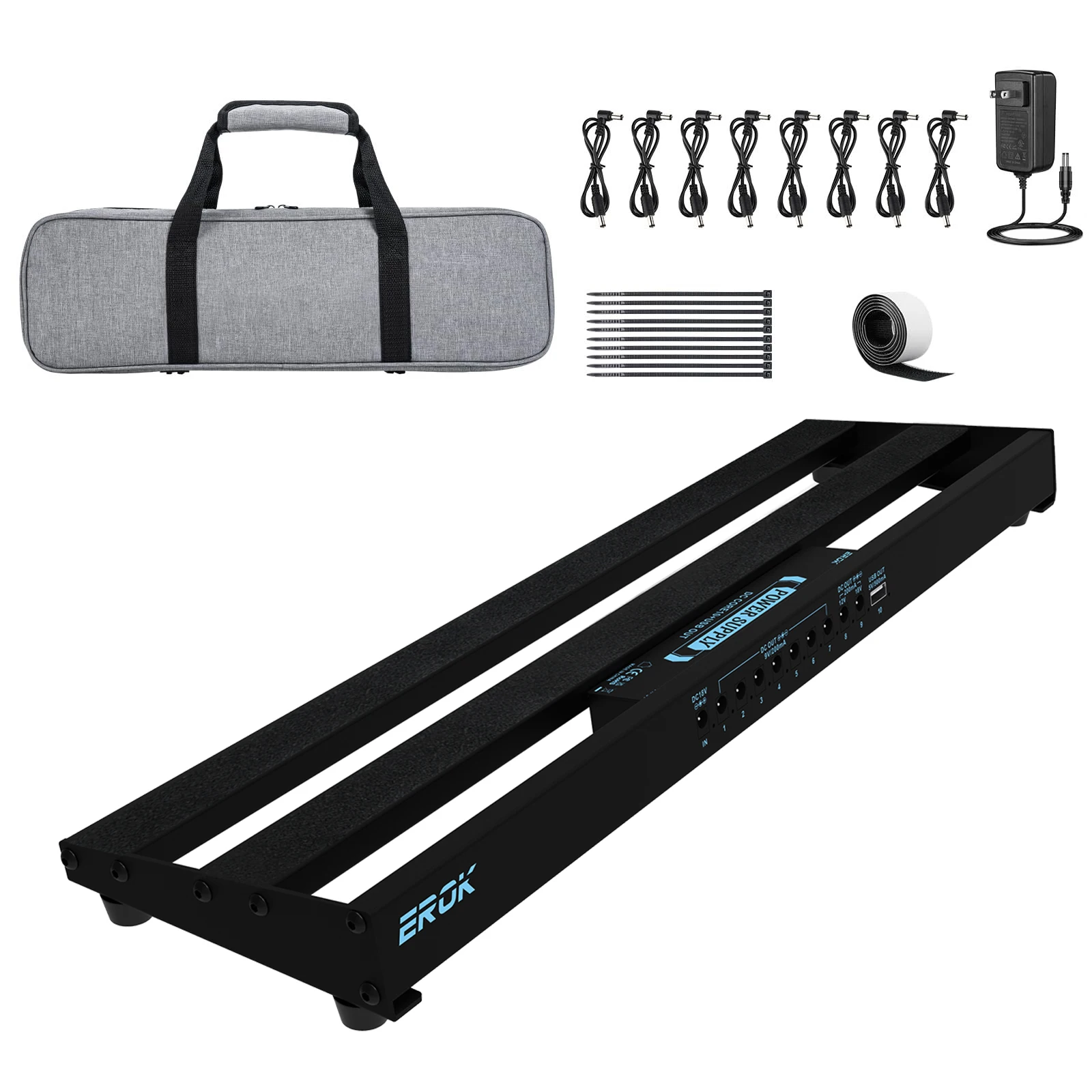 EROK Gitarrenpedalbrett mit integriertem Netzteil, Pedalboard-Kabel aus Aluminiumlegierung, Tasche, selbstklebendes Haken-Seitenband Image