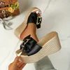 Schwarz Sommer 9 cm Keil Heels Hausschuhe Frauen Metall Bogen Mulers Plattform Sandalen Clog Schuh Slides Plus Größe 43