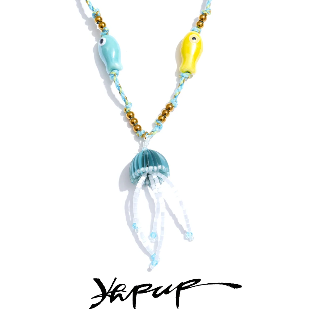 Yhpup Kreative Mode Keramik Fisch Seil Perlen Kette Kristall Quallen Anhänger Halskette Edelstahl Handgemachte Einzigartige Schmuck Image