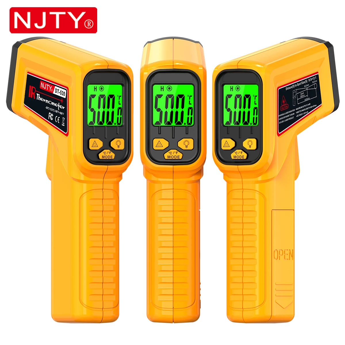 NJTY DT-530 Berührungsloses digitales Infrarot-Thermometer, Lasertemperaturpistole, präzise -50–530 ° C (-58 ° F-986 ° F) LCD-Display mit Hintergrundbeleuchtung Image