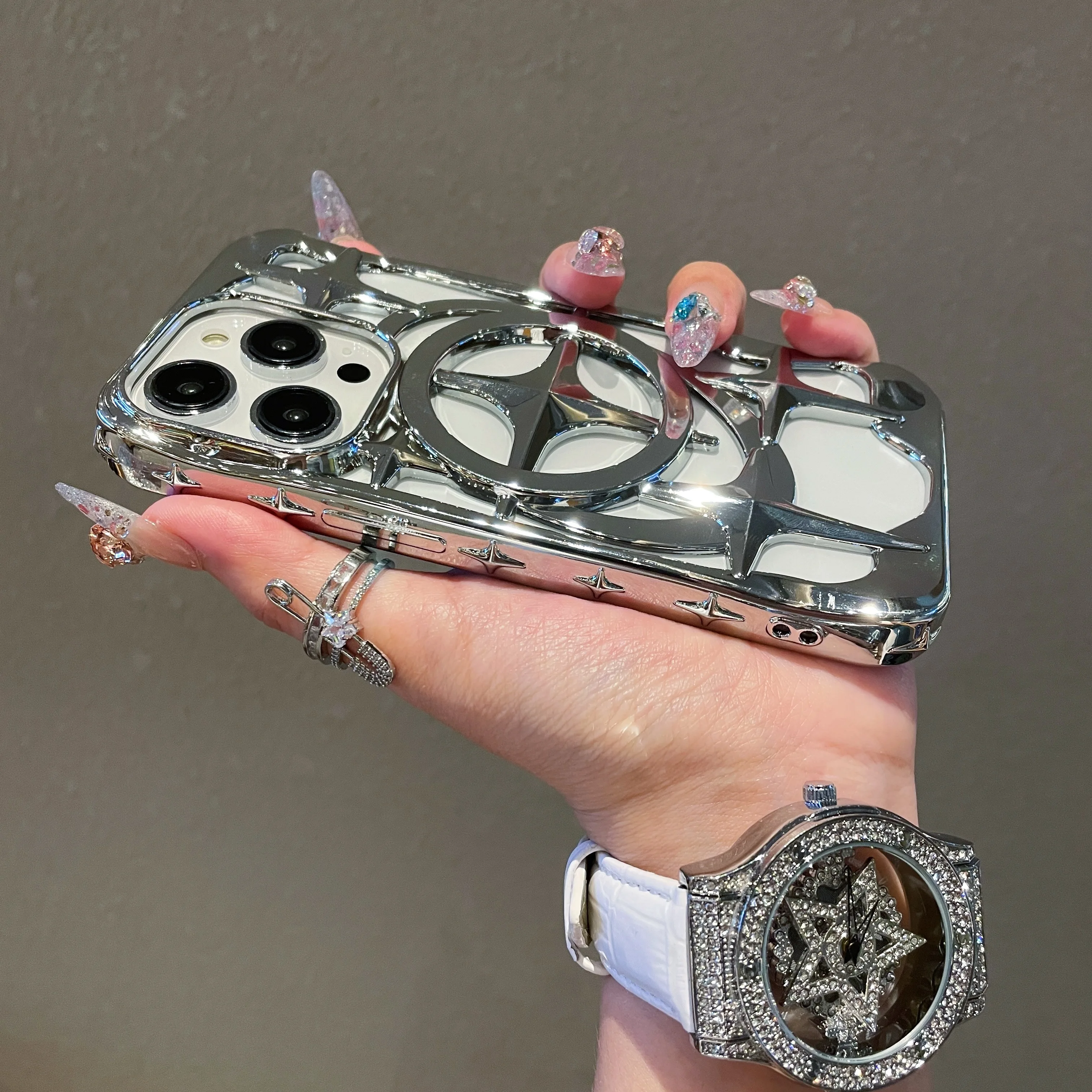 Überzug 3D Stern Muster Hohl Design Fall Für iPhone 16 15 14 13 12 Pro Max Plus Magnetische Für Magsafe Stoßfest Soft Cover Image