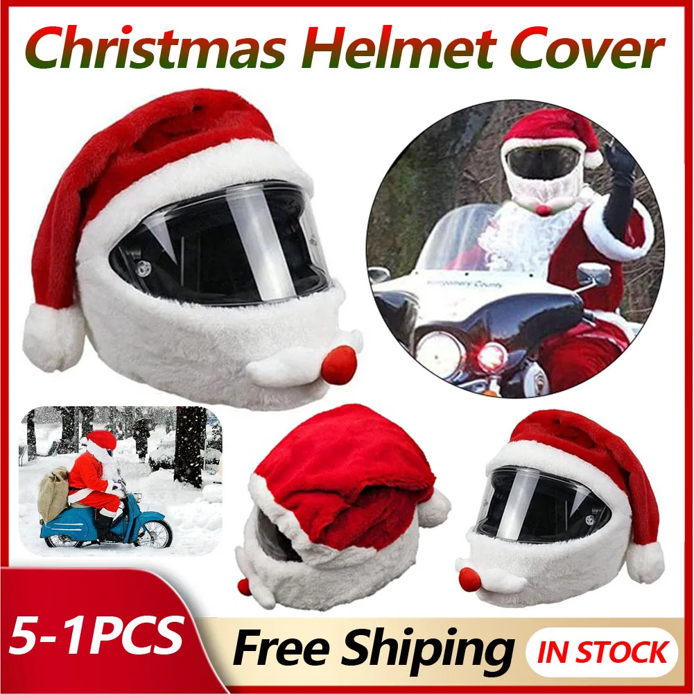 5-1 stücke Plüsch Santa Claus Helm Abdeckung Weihnachten Helm Abdeckung Elastische Motorrad Santa Claus Lustige Abdeckung Motorrad Zubehör Image