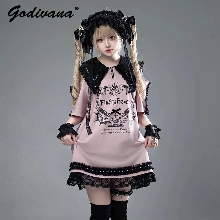 Original Gothic Subkultur Große Revers Lose T-shirt Kleid Sommer Mädchen Frauen; s Kurzarm Spitze Spleißen Gedruckt Lange T-shirt