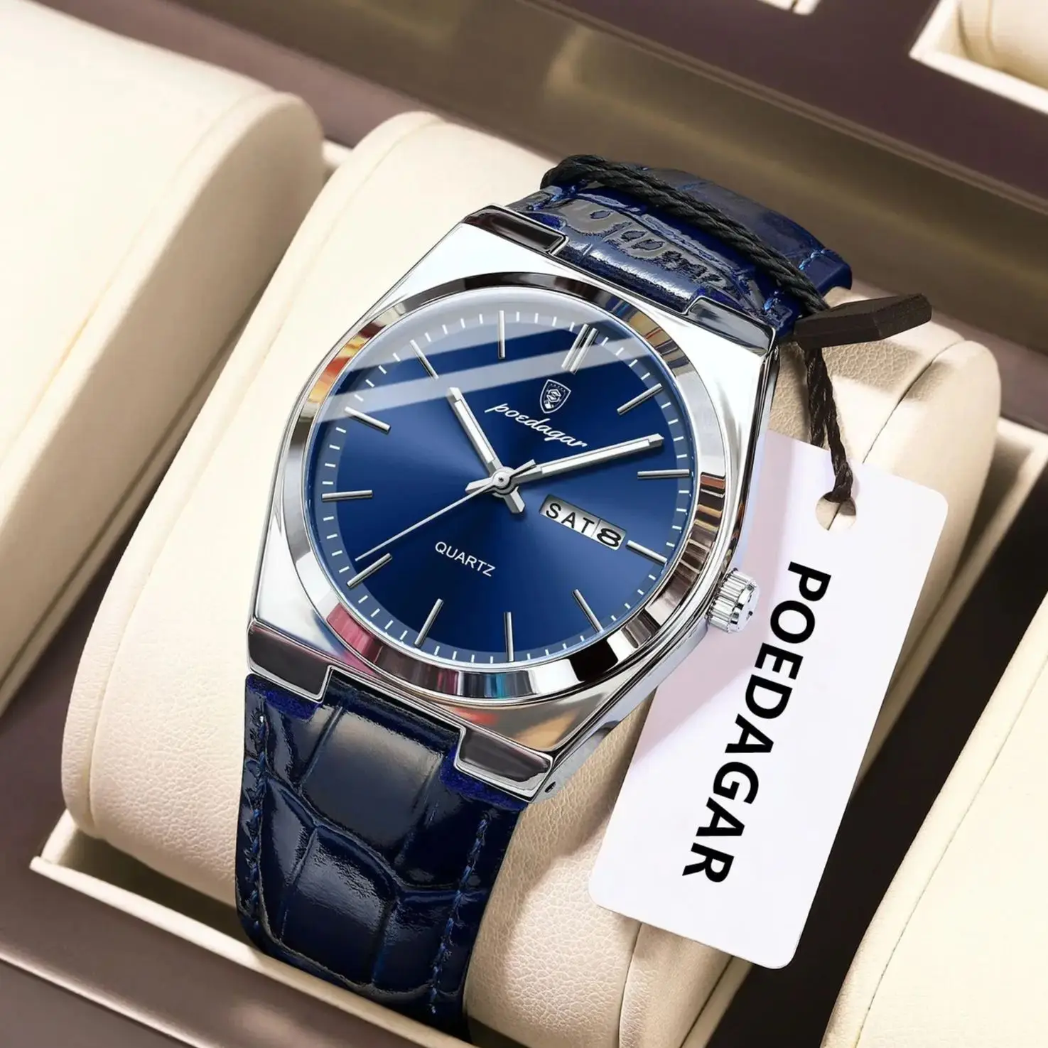 POEDAGAR Luxus Trendy Mann Armbanduhr Wasserdicht Leucht Datum Woche Männer Uhr Einfache Business Quarz Leder herren Uhren Reloj Image