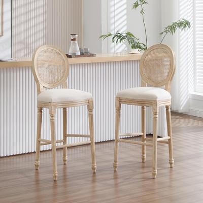 Set of 2 French Country Dining Chairs, Upholstered with Natural Rattan Round Back