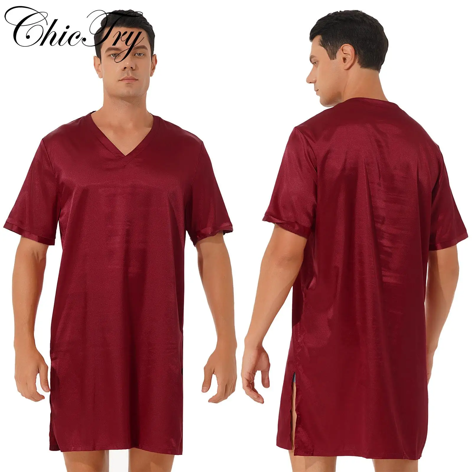 Indumenti da notte da uomo in raso Top Camicia da notte Camicia da notte Pigiama Abito Intimo a maniche corte Homewear Lati Divisi Top da notte Indumenti da notte