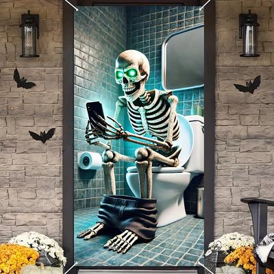 2D Door Banner 1pc Halloween Skull Bathroom Door Banner Multipurpose Polyester Party Decoration Haunted House Horror Theme No Electricity Needed with Indoor Outdoor Use for Photo Booth