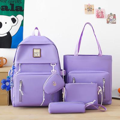 Girls 5-in-1 Solid Color Backpack Set – Stylish Blue School Bag with Tote, Crossbody, Pencil Case and Clutch for Teen Students and Campus Use