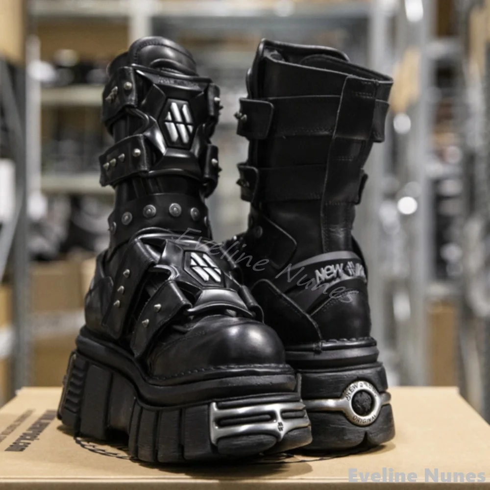 Metal Rock Mittelkalbstiefel mit dicken Sohlen für Damen, Punk-Motorradstiefel, Gothic-Nieten-Schnürstiefel, höhenvergrößernde Stiefel mit dicken Sohlen