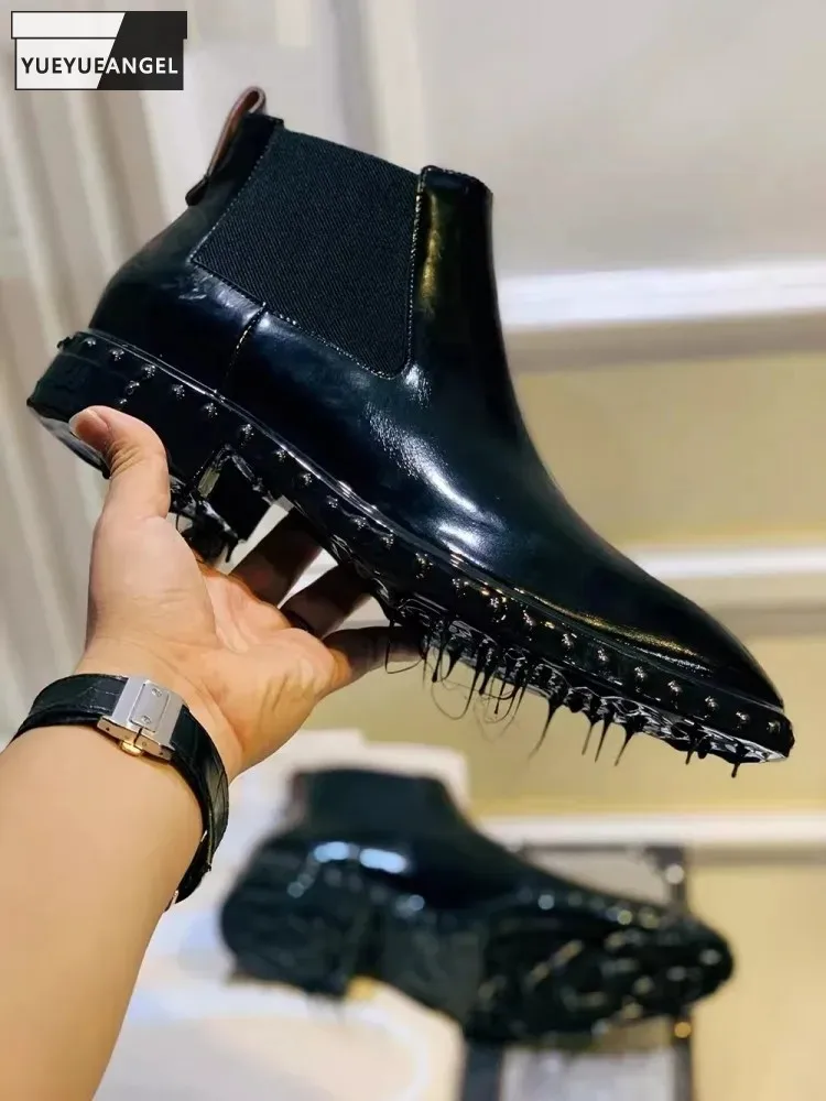 Herren Business Casual Fashion High Top Kleid Schuhe Punk Niet Designer Slip-On Spitzschuh Echtes Leder Chelsea Stiefel männlich