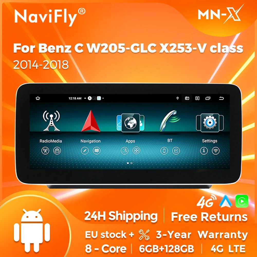 Navifly android 14 auto auto gps navigation stereo radio für mercedes-benz c-klasse w205 glc x253 v-klasse w446 drahtloses carplay 4g Image