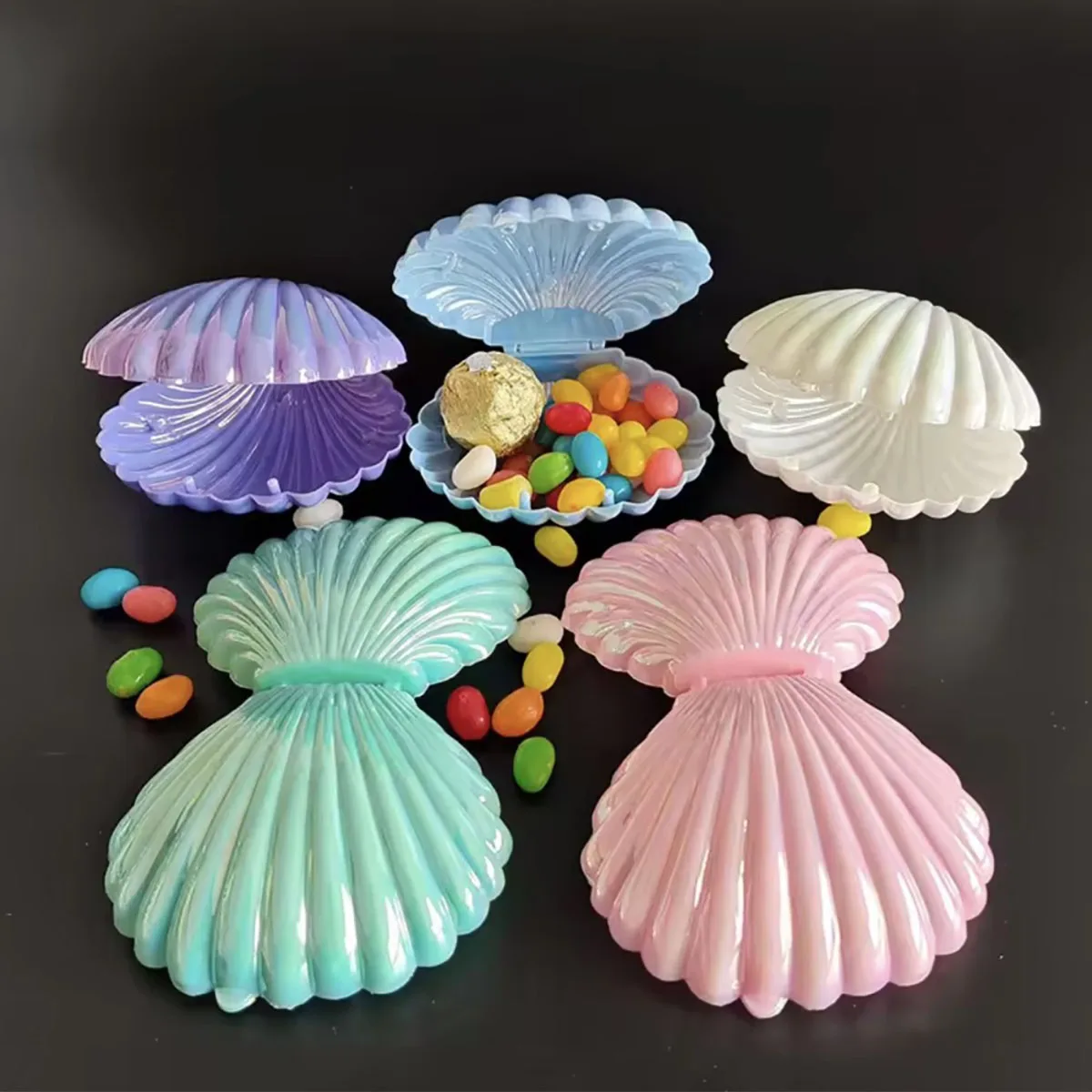 5 stücke Shell Süßigkeiten Geschenk Box Kunststoff Snack Cookie Schmuck Lagerung Box Kinder Meerjungfrau Geburtstag Party Favors Decor Hochzeit Liefert liefen Image