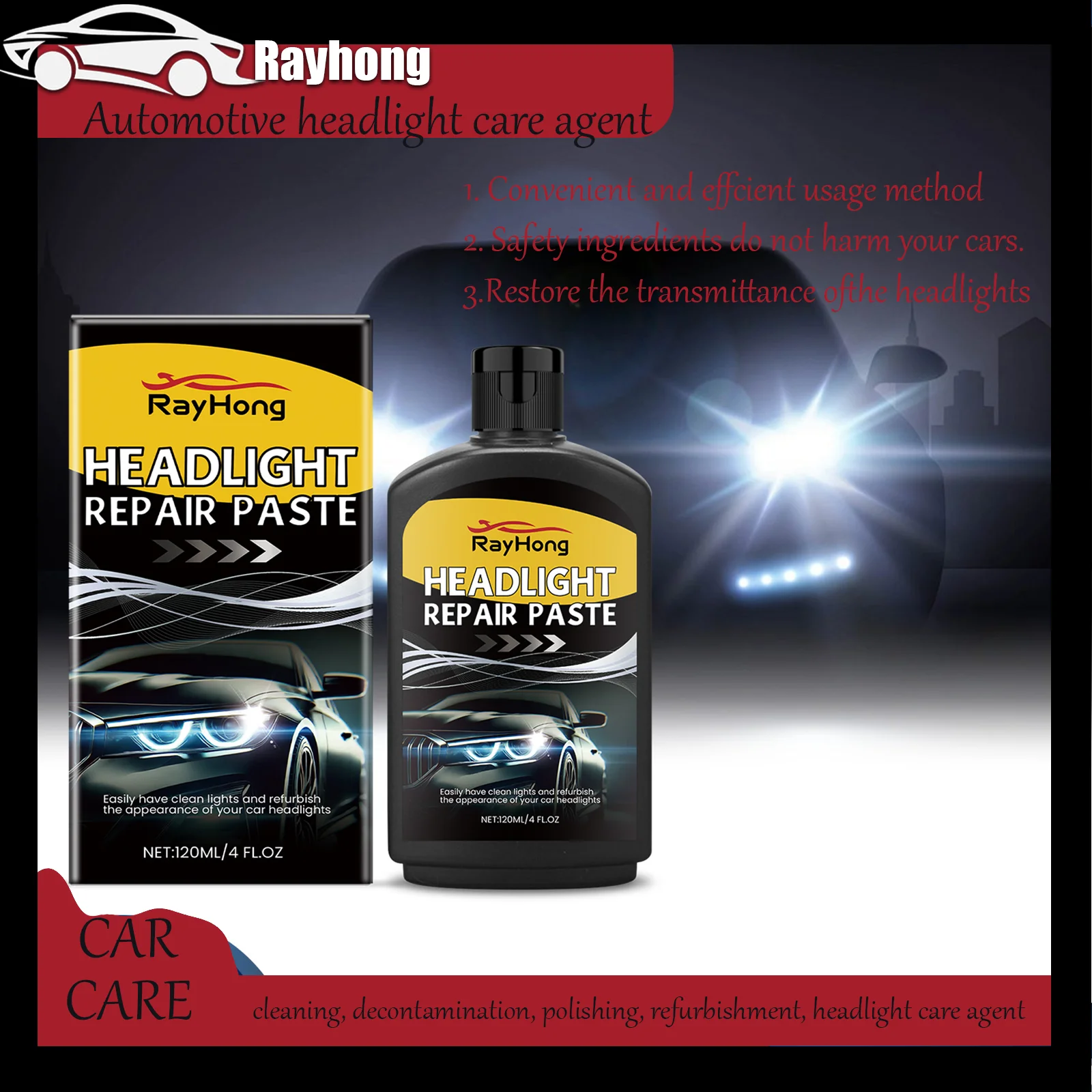 Rayhong 120 ml Auto-Scheinwerferpflegemittel zur Oberflächenoxidation, Reinigung, Dekontamination, Polieren und Sanierung von Scheinwerfern Image
