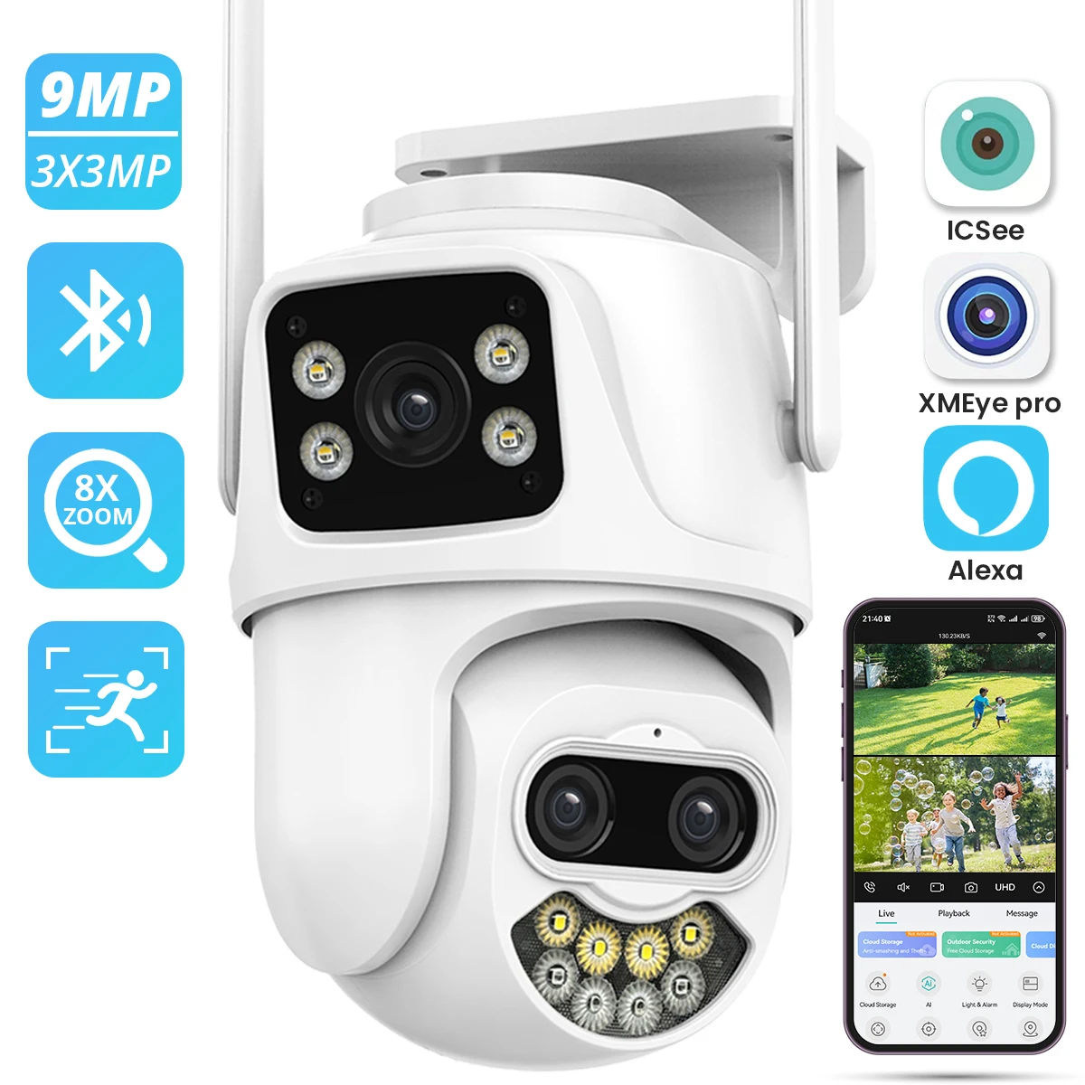 WIFI IP Kamera 9MP PTZ Outdoor 4K Drei Objektiv PTZ Kamera Ai Menschlichen Erkennung IP66 CCTV Video Überwachung Sicherheit kamera iCsee Image