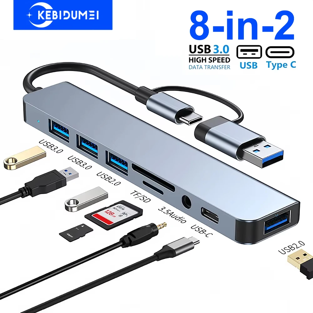 8-in-2 USB 3.0 Hubs TYPE-C HUB USB C Dockingstation 5 Gbit/s Hochgeschwindigkeitsübertragung OTG-Adapter Typ C auf USB 3.0 Hub für Laptop Image