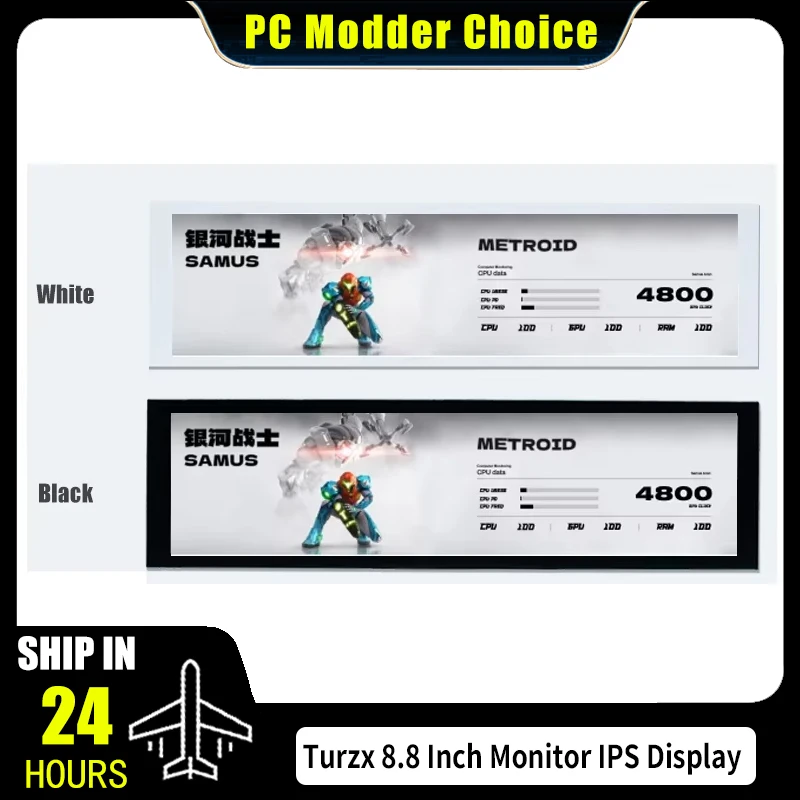 Turzx 8,8-Zoll-LCD-Monitor IPS-Display, 1920 x 480 einfacher Typ-C-Treiber mit mehreren Themen MOD Freely Aida 64, Schwarz/Weiß Image