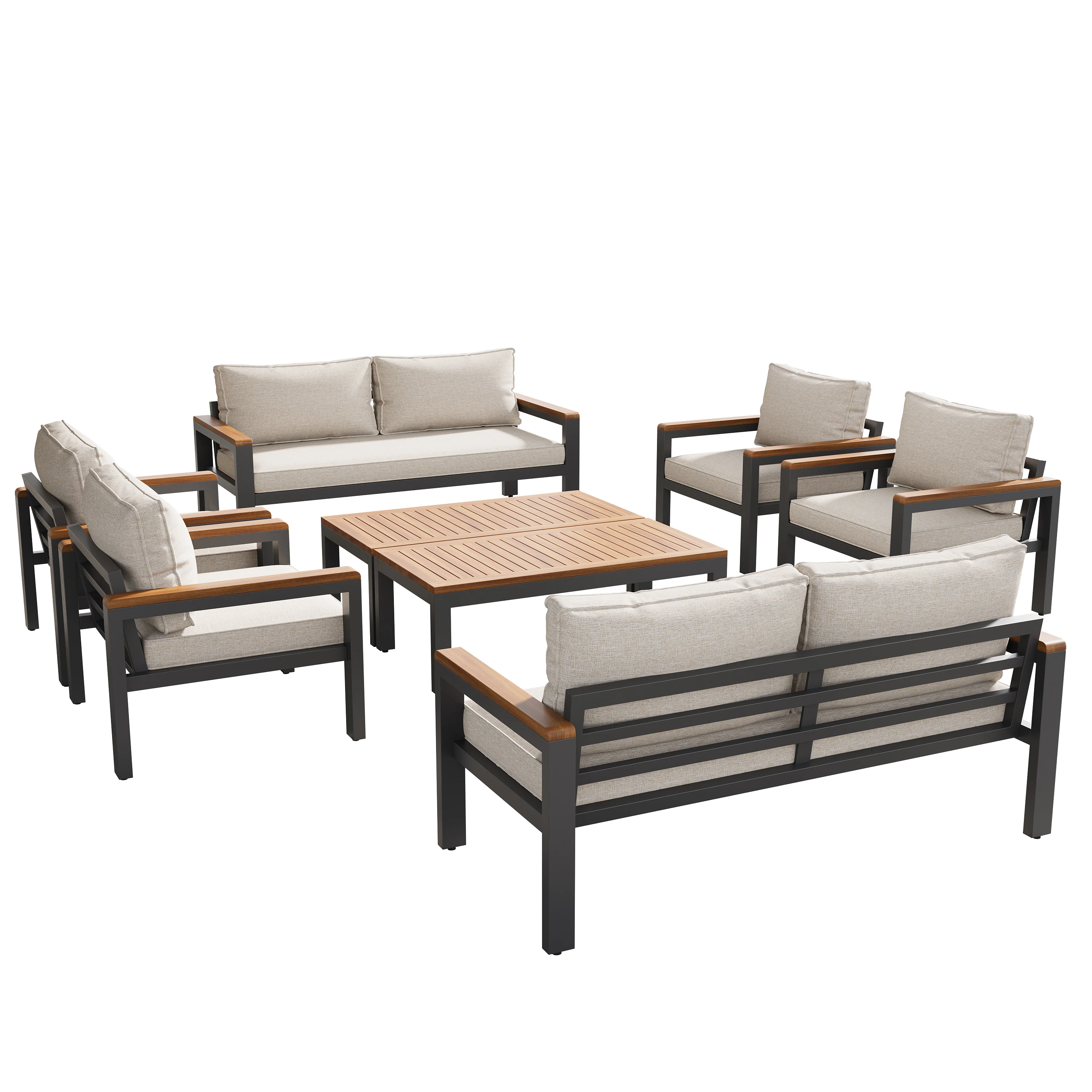 Loungeset Gartenmöbel-Set 8-teilig Outdoor Esstisch Akazienholz Eisenrahmen verstellbare Füße beige